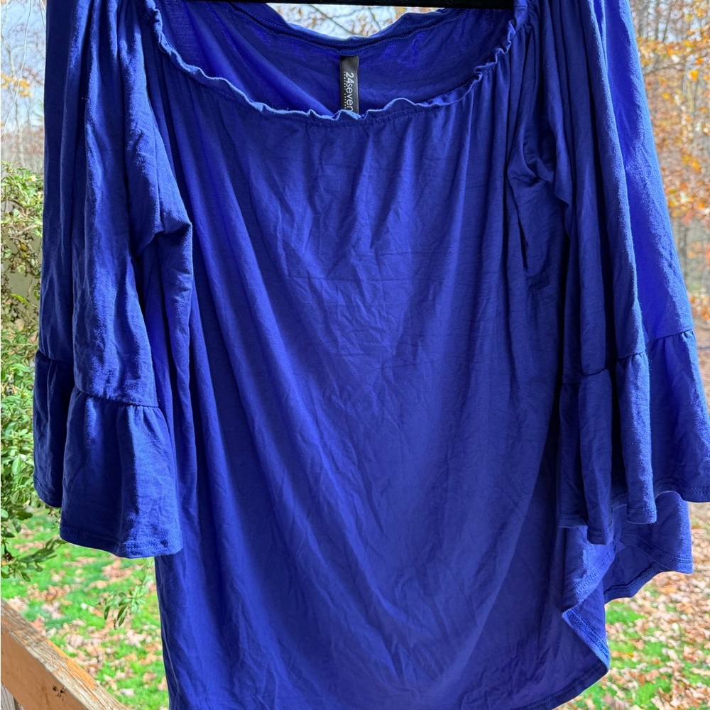 Seven7 Deep Blue Flounce Sleeve Blouse